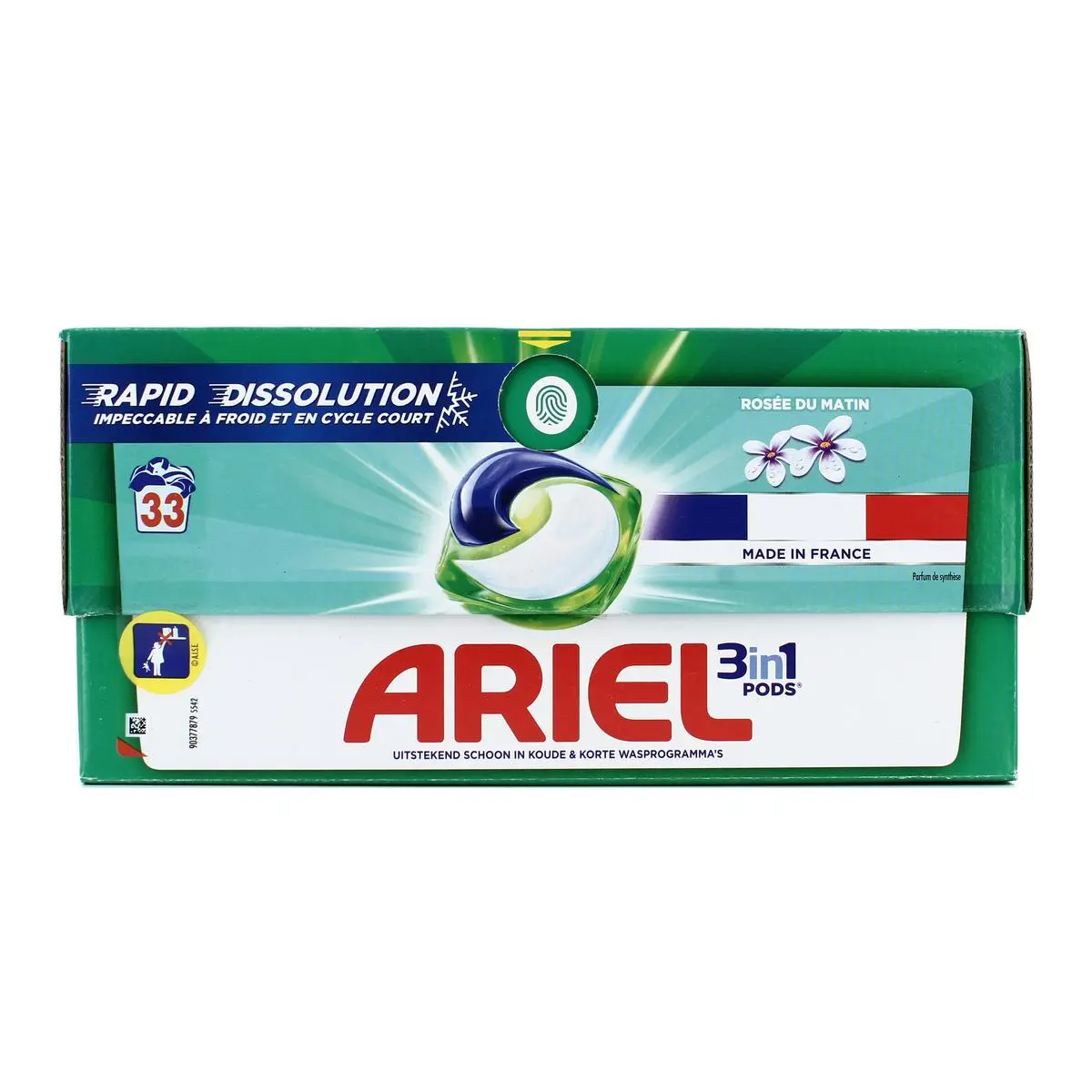 کپسول مایع لباسشویی آریل مدل 3in1 Pods | رایحه Rosée du Matin | تمیزکاری، لکه‌بری و درخشندگی | تعداد ۳۳ عدد | ساخت فرانسه