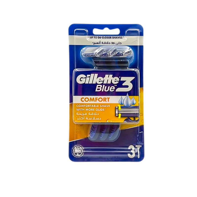 تیغ اصلاح ژیلت مدل Blue 3 Comfort بسته ۳ عددی | ۳ تیغه | شستشوی ۲ برابر بهتر | نوار روان‌کننده | دسته ارگونومیک ضدلغزش | ساخت ویتنام